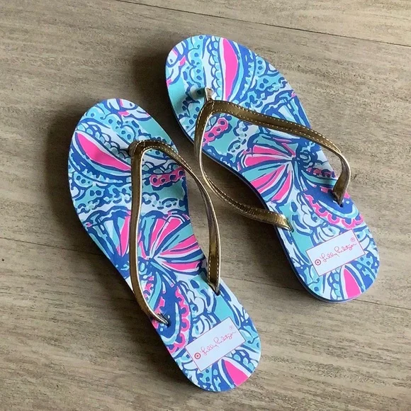 Lilly Pulitzer Vibrant Blue and Pink Flip Flops with Gold Straps - Picture 1 of 4